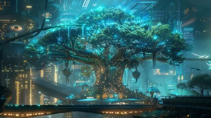 Wall Mural - glowing tree stands tall in a futuristic cityscape, illuminated by neon lights. the tree's branches 
