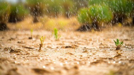 Close-up of small green plants in a desert environment with rain falling down on the ground.