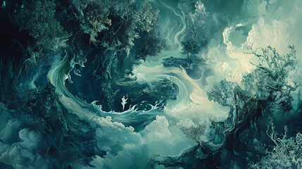 Wall Mural - Surreal art poster depicting the flow of bile as a river nourishing a fantastical landscape, creative and thoughtprovoking for artistic venues. Selkie. Illustration