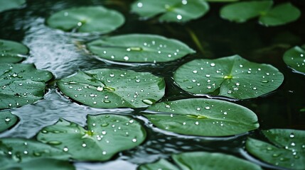 Sticker - Closeup of water droplets on lily pads.