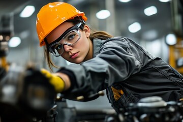 Female engineer in safety gear with hard hat and protective glasses adjusting machinery in a modern industrial environment. Precision and women in engineering concept