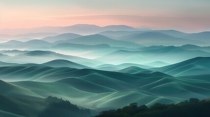 Stunning view of a misty mountain range at dawn. Soft light illuminates the rolling hills, creating a dreamlike atmosphere.