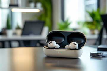 A pair of wireless earbuds in their case, placed on an office desk with a modern design and minimalist decor. The scene is captured from the front perspective,