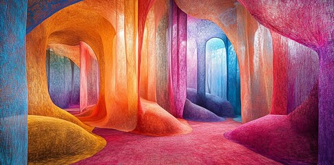 Abstract colorful fabric room with arches and wavy walls.