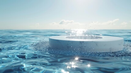 3d rendering floating podium and water drops above blue ocean. Minimal light blue color scheme. Moisturizer cosmetic product concept. 