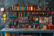 © nurionstudio - An artist's workspace with a table full of art supplies, including paintbrushes, pencils, paints, and other tools. The wall behind the table is decorated with colorful items.