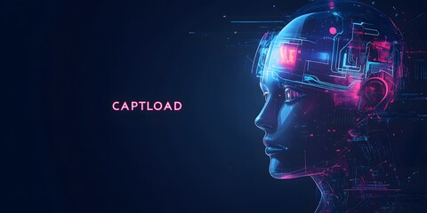 Abstract digital robot head with brain and colorful glowing technological elements, text Cyberpunk Tech