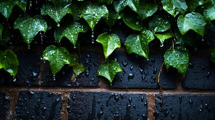 Sticker - Green leaves with water drops on a brick wall.