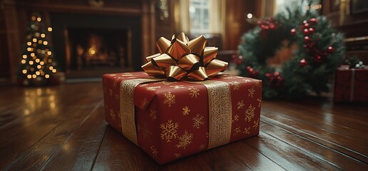 Red gift box with gold bow on wood floor under Christmas tree.