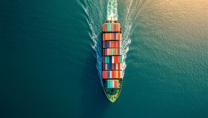 Aerial view of cargo ship with containers sailing in open sea, top down perspective. Concept for global business and international container transport, global trade