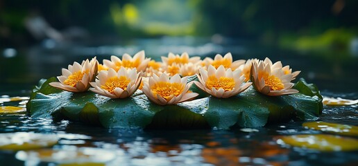 Water lilies bloom in a circle on a pond.