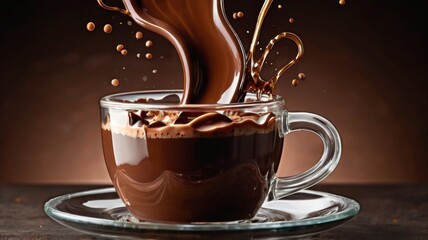 cup of chocolate drink with splash, splatter, on table, dark background.