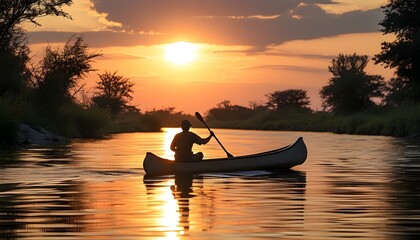 Canoeing Silhouette at Sunset on a Wild River