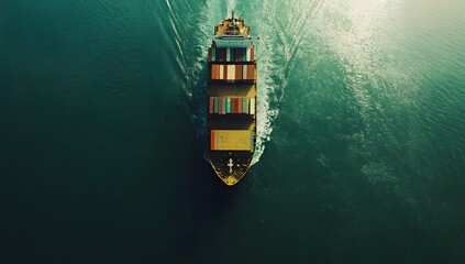 Aerial view of cargo ship with containers sailing in open sea, top down perspective. Concept for global business and international container transport, global trade