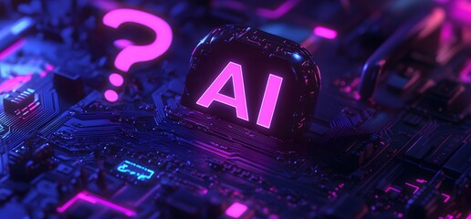 Wall Mural - an icon of an ai head with the letters ai on it, and in front is circuitry. the background is purple