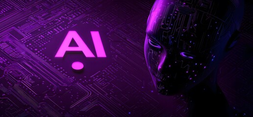 Wall Mural - an icon of an ai head with the letters ai on it, and in front is circuitry. the background is purple