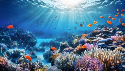 Wall Mural - Tranquil underwater vista featuring graceful fish amidst vibrant sea plants, embodying the serene beauty of ocean life.