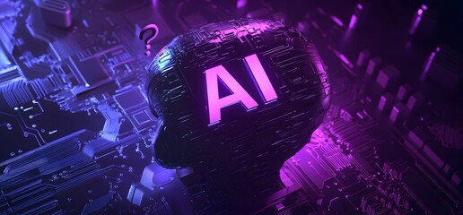 Wall Mural - an icon of an ai head with the letters ai on it, and in front is circuitry. the background is purple