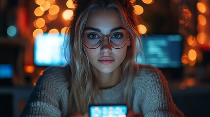 Canvas Print - Young woman wearing glasses looking at her smartphone in a dimly lit room.