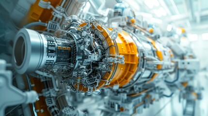 Wall Mural - This image features a close-up of a spacecraft engine's intricate mechanical parts, with a focus on its metallic structures and detailed assembly. The image highlights the precision and complexity of