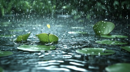 Rain falling on lily pads in a pond.