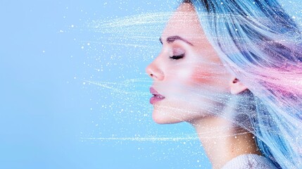 Wall Mural - Ethereal Woman with Sparkling Glitter and Pastel Hair Against Blue Background