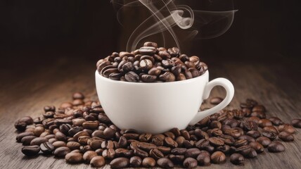 Aromatic coffee beans in a white cup with smoky swirls rising, set on a wooden surface