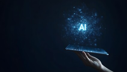 Wall Mural - digital hand holding a tablet with glowing text ai on a dark background, a digital technology concep