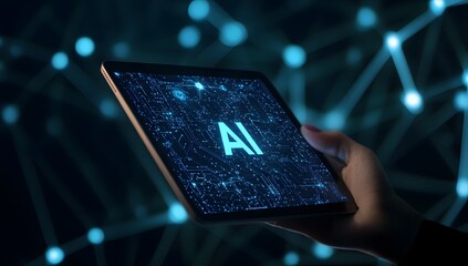 Wall Mural - digital hand holding a tablet with glowing text ai on a dark background, a digital technology concep