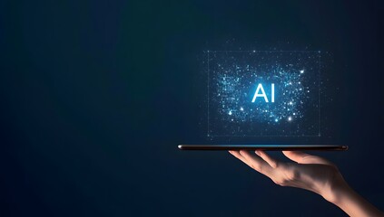 Wall Mural - digital hand holding a tablet with glowing text ai on a dark background, a digital technology concep