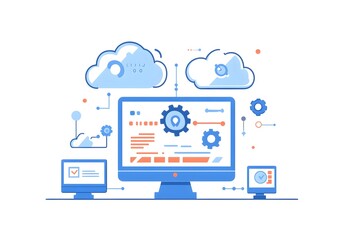 Wall Mural - illustration of an ai software platform with computers, gears, and clouds on a white background.