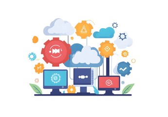 Wall Mural - illustration of an ai software platform with computers, gears, and clouds on a white background.