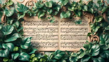 Sticker - musical composition intertwined with lush plants and vibrant vegetation