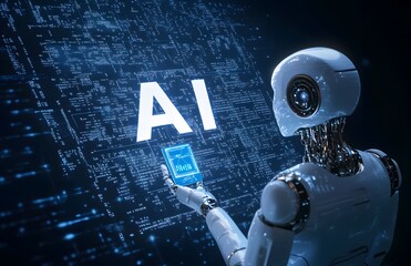 Wall Mural - robot hand holding the word ai in white, with an icon representing artificial intelligence and techn