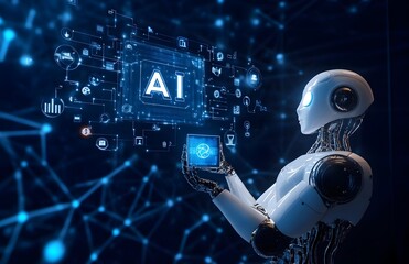 Wall Mural - robot hand holding the word ai in white, with an icon representing artificial intelligence and techn