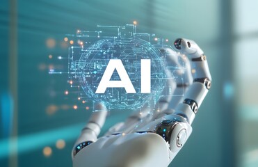 Wall Mural - robot hand holding the word ai in white, with an icon representing artificial intelligence and techn