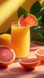 A glass of freshly squeezed grapefruit juice with fruit slices and leaves on a pink surface with yellow sunlight.