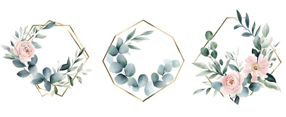 Set of three watercolor floral wreaths in pastel colors on a white background. 