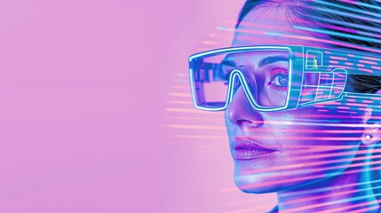 Wall Mural - Futuristic Woman with Virtual Reality Headset in Neon Light