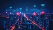 © MAGNIFIER - A vibrant cityscape with neon lights, skyscrapers, and Wi-Fi signals flowing between buildings, representing seamless business networking in an urban environment