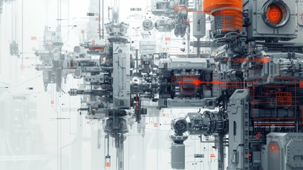 Wall Mural - A highly detailed futuristic industrial machine, showcasing intricate mechanical components and circuits. The design combines advanced technology with modern aesthetics, featuring metallic elements