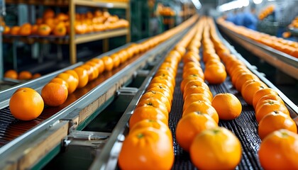 Wall Mural - Efficient hand assembly in vibrant orange fruit processing factory