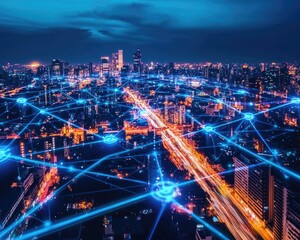 Futuristic city filled with transparent holographic business nodes connected by bright blue Wi-Fi lines, showing the power of digital networking 