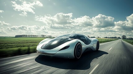 A futuristic electric sports car speeds down an open road, sleek and modern.