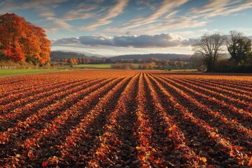 Breathtaking autumn landscape with vibrant fields and colorful trees under a dramatic sky. Perfect for nature and seasonal themes.