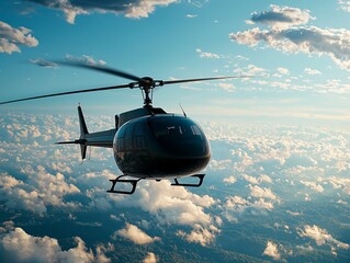 A sleek helicopter flying high above fluffy clouds under a vibrant sky, showcasing the beauty of aerial transportation.