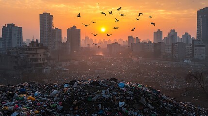 A cityscape at sunset lies adjacent to a garbage dump, a contrast between urban life and waste.