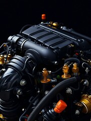 Close-up of a sleek automobile engine showcasing intricate details and modern design elements in a dark background.