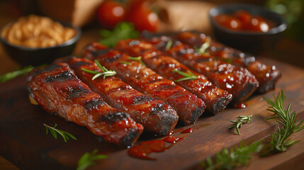 A rack of ribs is being cooked on a grill, with some herbs on top