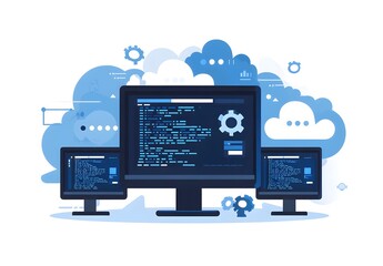 Wall Mural - flat illustration of web design and development: a laptop with a website on the screen, a tablet wit